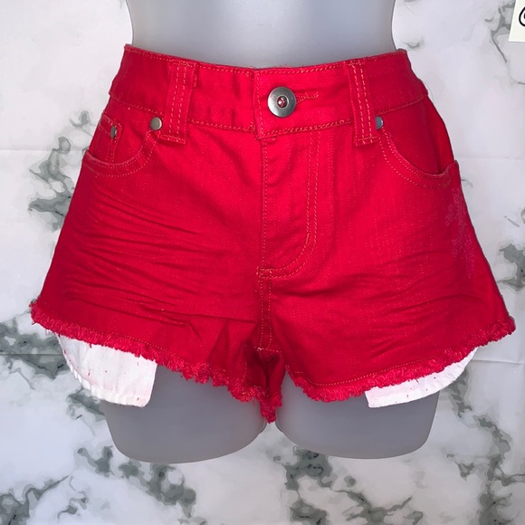 Distressed Raw Edge Red 5 Pocket Denim Shorts - Picture 3 of 16